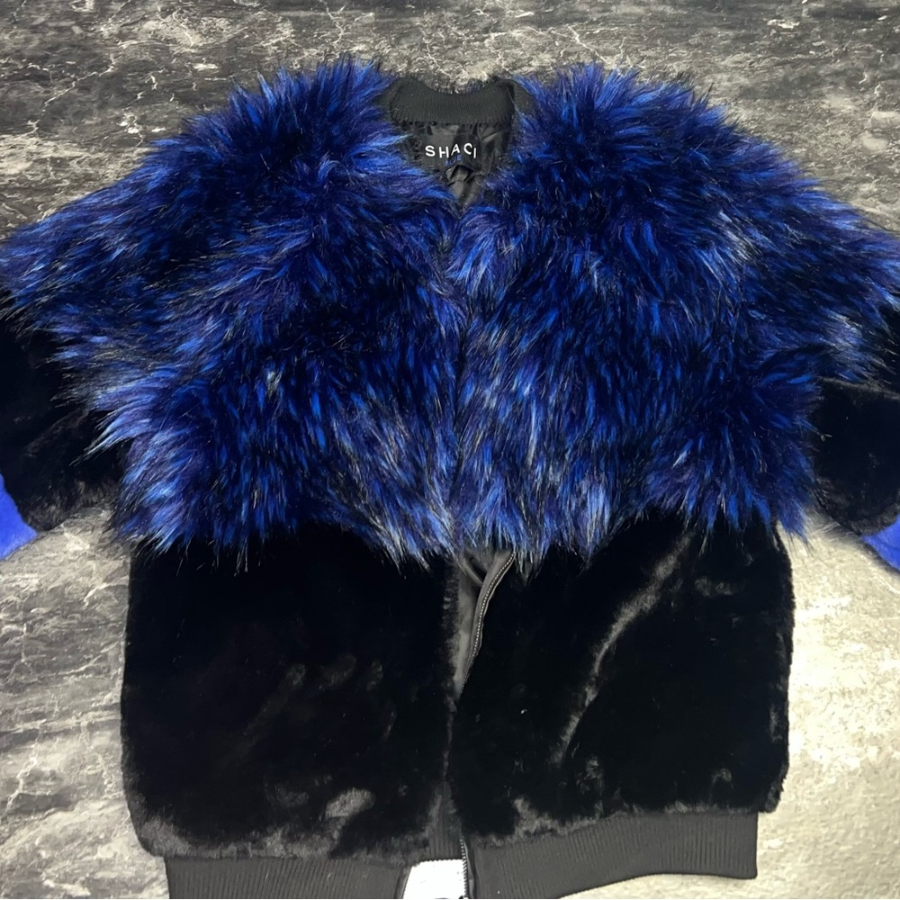 Women's Blue and Black Faux Fur Jacket